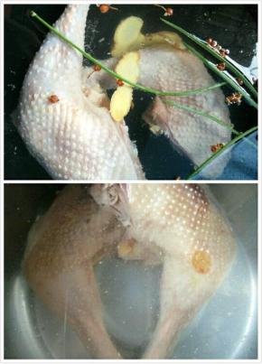 鸡腿肉洗干净，冷水下锅，加入料酒，生姜，葱段煮熟