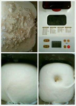 把做面包材料放入面包机中，启动和面功能，然后发酵至两倍大