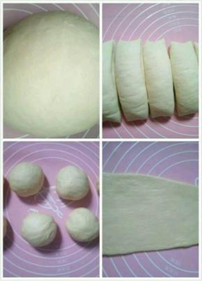 发酵好的面团取出排气，然后切成平均等分，搓成小圆球，再用擀面杖擀成长条
