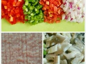  青红椒，胡萝卜，洋葱切小丁，猪肉剁成肉粒