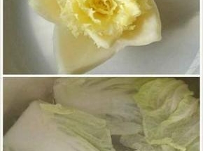 白菜放锅中煮熟捞出，白菜心剪成花摆盘