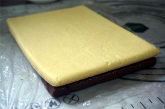 将另外一片面片放在刷了蛋液的面片上，稍微用手压紧一下，然后包上保鲜膜，重新放入冰箱冷冻1个小时。