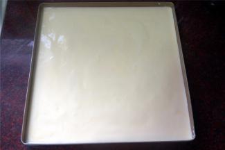 模具刷上一层烤盘油，然后倒入蛋糕糊，震荡出大气泡。