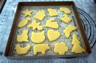 将饼干坯移入垫了硅胶垫的烤盘里
