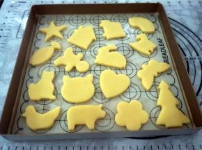 将饼干坯移入垫了硅胶垫的烤盘里