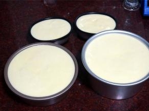 模具底部垫上吸油纸，倒入芝士蛋糕糊，并震荡出大气泡。