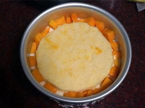 接着放入第二片蛋糕片，再四周的空隙以及蛋糕片上面均放上芒果肉粒。