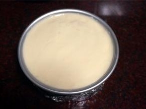 接着放入第二片蛋糕片，再四周的空隙以及蛋糕片上面均放上芒果肉粒。