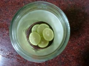 玻璃瓶用沸水消毒，然后铺放入一层柠檬片。