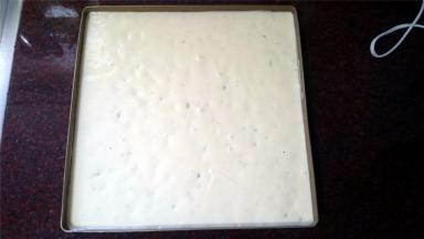 倒入方形烤盘，并震荡出大气泡，放入预热好的180度的烤箱，烤约20分钟左右至表面金黄