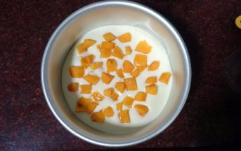 倒入稍为多于三分之一的慕斯液，然后放入芒果丁，再倒入少许慕斯液填充芒果丁的空隙。