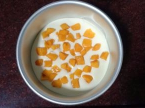 倒入稍为多于三分之一的慕斯液，然后放入芒果丁，再倒入少许慕斯液填充芒果丁的空隙。