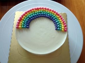 150克打发了的淡奶油分别加入色素调成彩虹色，用圆孔裱花嘴，挤出小圆球围成半圆形。