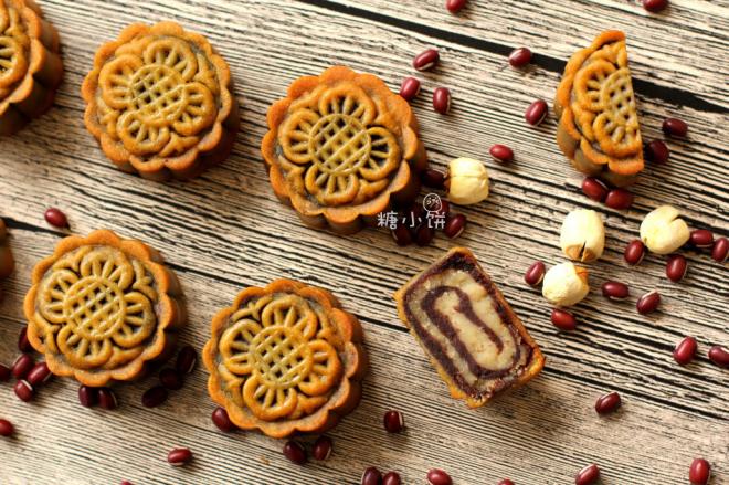 【斑纹豆沙莲蓉月饼】附：自制红豆沙+自制白莲蓉