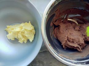 分成任意两份，其中一份加适量可可粉拌匀。