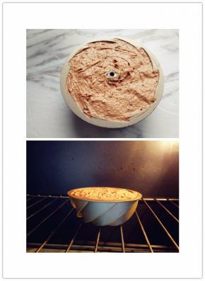 加入剩余2/3的蛋白霜，切拌均匀后，挤入学厨4寸不粘旋风模中，抹平表面。也可以装七八分满，膨胀后会填满模具。放入预热好的烤箱中层，上下火170度，烤40分钟左右