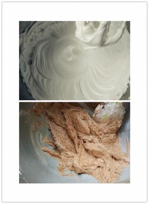 打发至介于湿性发泡和干性发泡中间的状态，取1/3蛋白加入蛋黄糊，用刮刀切拌均匀，筛入粉类，翻拌拌匀