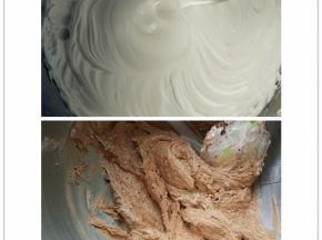 打发至介于湿性发泡和干性发泡中间的状态，取1/3蛋白加入蛋黄糊，用刮刀切拌均匀，筛入粉类，翻拌拌匀