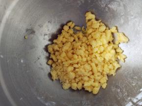 用手抓成小颗粒，入冰箱冷藏备用。因为天气较热，黄油化得比较快，所以颗粒偏大了