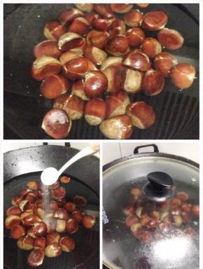 将板栗放入锅里、大概倒入4-5碗水、加上一勺盐、遮上锅盖大火煮20分钟。