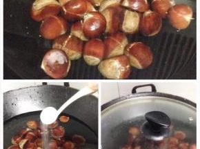 将板栗放入锅里、大概倒入4-5碗水、加上一勺盐、遮上锅盖大火煮20分钟。