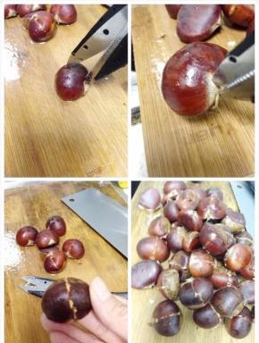 然后用食用剪刀或者刀在板栗皮中间切一个小口（这一步一定要小心、注意安全、板栗会弹跳、要点技术哦、最好用核桃夹固定板栗、放在砧板上、再用剪刀剪个小口）