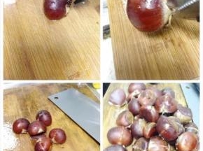 然后用食用剪刀或者刀在板栗皮中间切一个小口（这一步一定要小心、注意安全、板栗会弹跳、要点技术哦、最好用核桃夹固定板栗、放在砧板上、再用剪刀剪个小口）