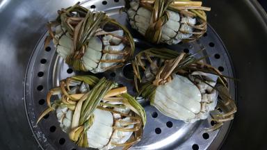 全部的螃蟹洗干净后，放在蒸锅上，八脚朝天，开大火蒸之。