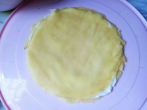 取一张饼皮放在蛋糕盒的底上(如果没有蛋糕盒的话，也可以用一块大一点的盘子) 涂抹一层奶油，铺一层芒果，再盖上一张饼皮，这样反复将饼皮做完。(一张皮，一层奶油，一层芒果)