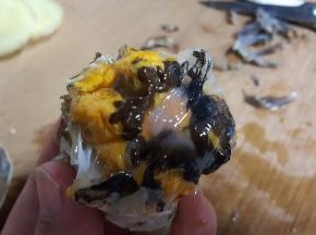 8.从螃蟹中间将蟹心去除。