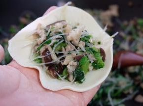 取一个包子皮，放上馅料；