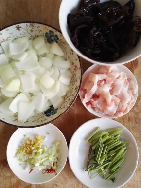 3、洋葱切块，五花肉切片，葱、姜切碎，香菜杆切小段。