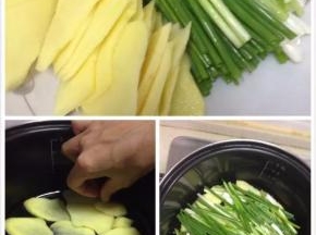 趁鸡子在腌制的时候，把姜葱洗干净，小葱切小段、姜切成片。取出一个锅，倒少许的油，抹匀，把姜片和葱段距离都铺满锅底。