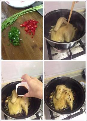 把红辣椒，一些小葱洗净切好，时间到后用筷子试一下，如果能够轻松地抽搐鸡肉的话就可以关火了，趁热淋一些生抽调味。（因为这次买的鸡比较大所以焖煮的时间比较长一些）