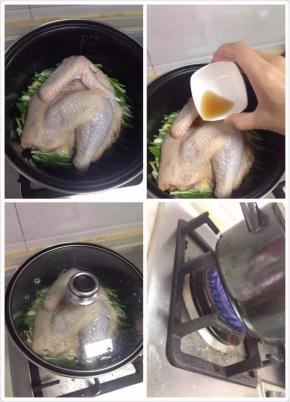 然后再把腌制好的鸡放上面去，淋上适量的料酒，盖好盖子，开中大火，烧到有蒸汽冒出出来的时候转小火再煮20-30分钟。