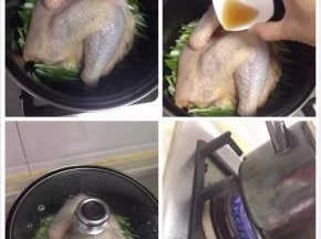 然后再把腌制好的鸡放上面去，淋上适量的料酒，盖好盖子，开中大火，烧到有蒸汽冒出出来的时候转小火再煮20-30分钟。