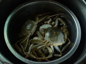 大闸蟹清洗干净，上锅蒸熟透。