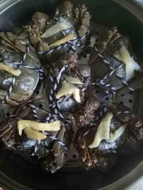 把螃蟹放入蒸锅，每个螃蟹上都放上姜丝。倒上一点料酒，撒上一点盐，开水上锅中火25分钟左右即可