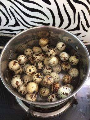 将洗净的鹌鹑蛋放入锅中放入水，大火煮开后转中火煮6分钟