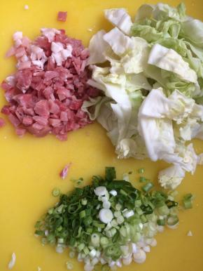 准备好食材，圆白菜切片状，猪肉切小丁，葱切细