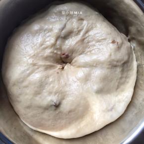 将揉好的面团放置盆中，加盖保鲜膜，温暖处进行基础发酵