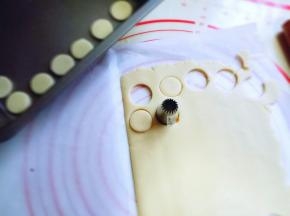 用大号曲奇裱花嘴按出圆形，如图，依次做完。