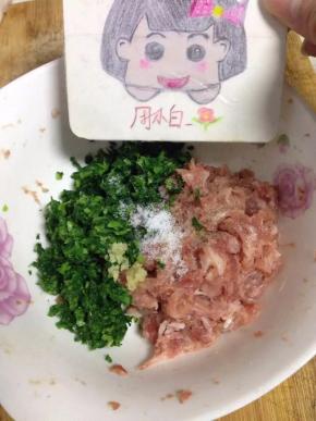 把剁好的荠菜加入肉末中，加入盐，姜末，搅拌均匀。