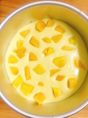 将拌好的慕斯馅倒入8寸蛋糕模具中，在中间撒上芒果肉