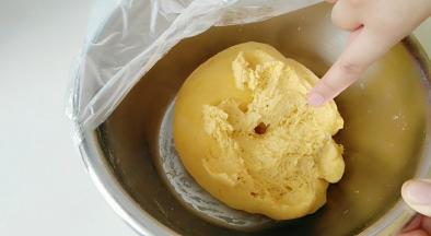 面团发酵至体积两倍大，撕开有明显蜂窝状结构，发酵好！