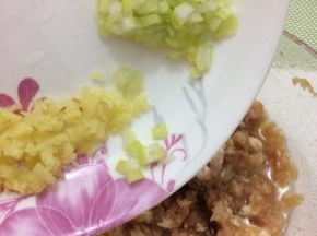 把生姜和大葱倒入肉馅中拌匀
