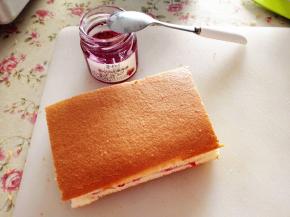 14.	然后盖上另一片蛋糕片，再切成适中的大小，可以开吃啦。