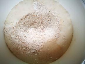 加入50克全麦，150克面粉，酵母一起放到波兰种里