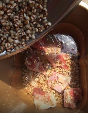 面包机桶装入适量水，将猪大骨和薏米倒入