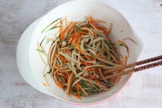 将切好的菜丝放入一个大碗中。